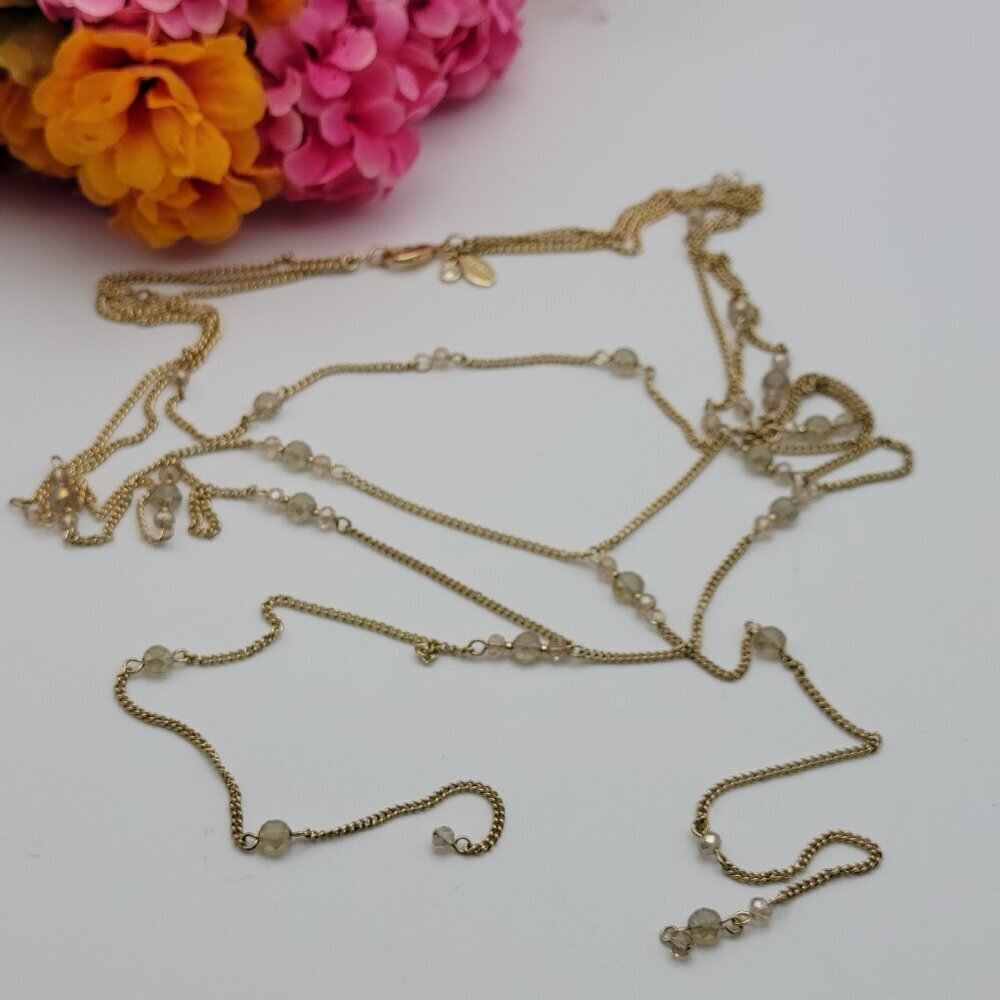 Express Gold Tone Multi Chain Clear Crystal Station Tassel Necklace 18 In